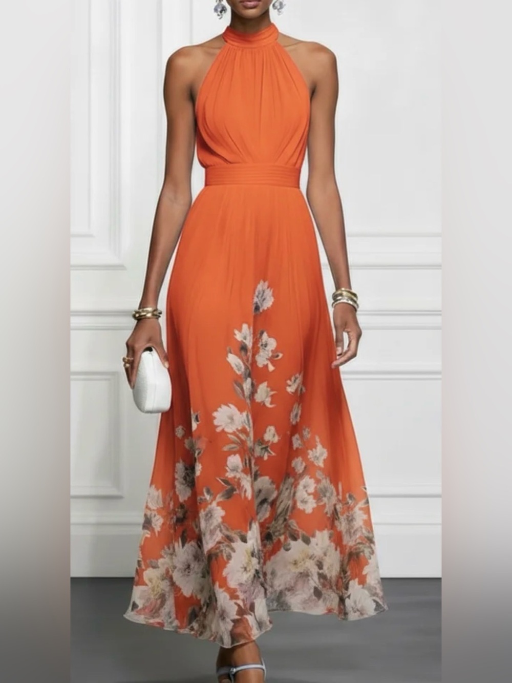 Halter Floral-Print Orange Maxi Dress 209 - Picture 10 of 13